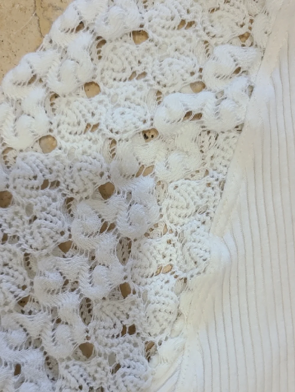 Free People Ivory Lace-Panel Ribbed Long Sleeve Top